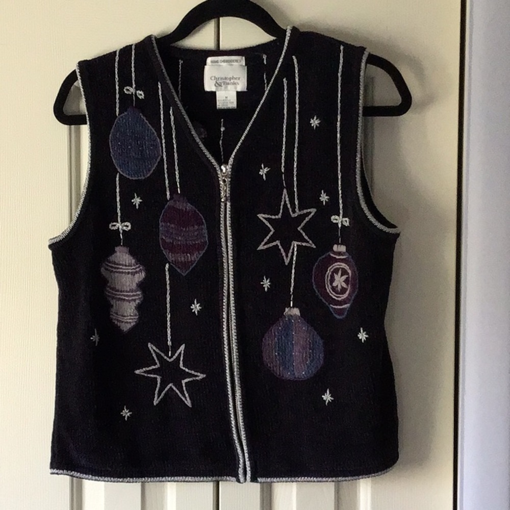 Christopher & Banks Black Embroidered Holiday Vest with Purple & Silver Accents